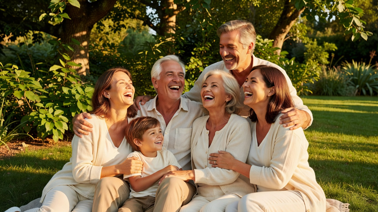 A joyful multigenerational family laughing together outdoors