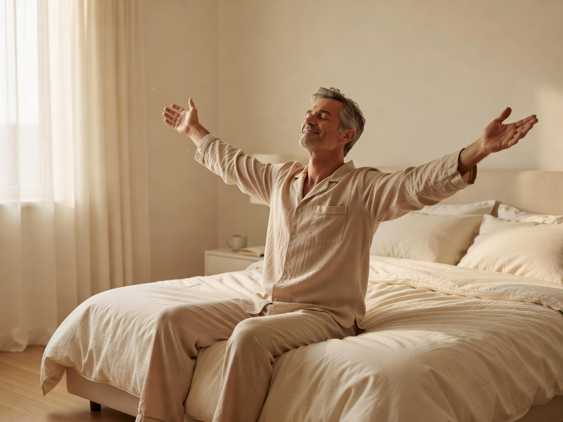 A man waking rested and calm in soft morning light