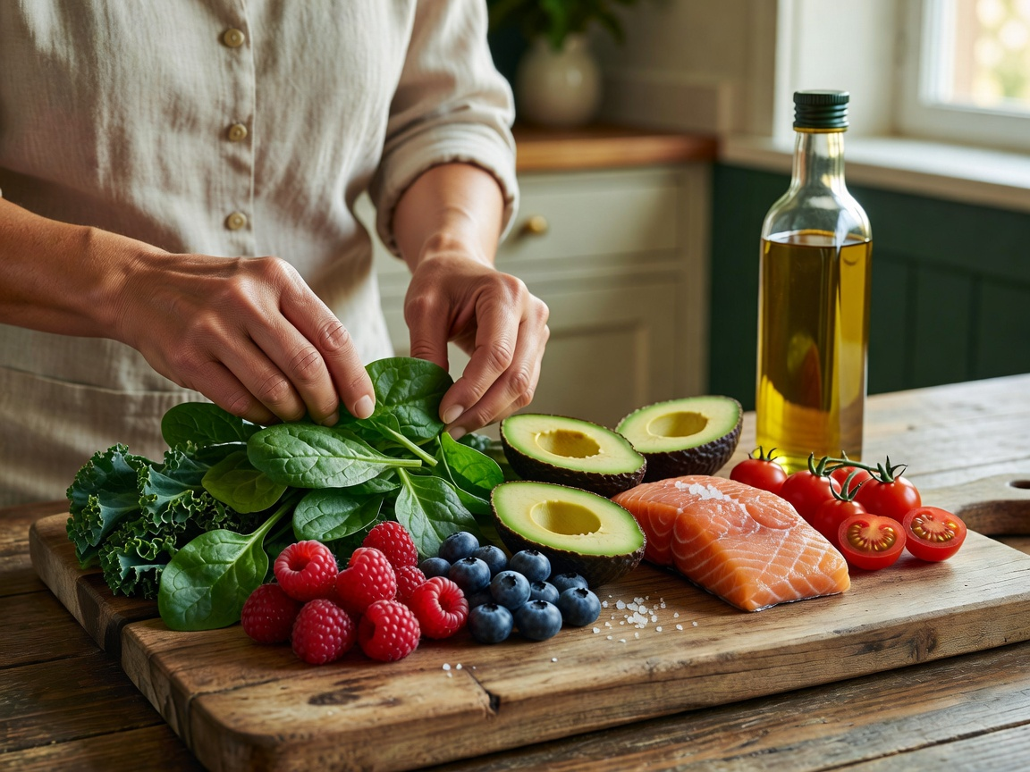 Hands preparing colorful whole foods on a wooden cutting board