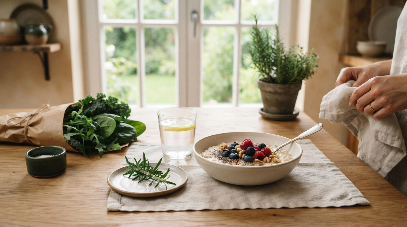 Fresh heart-healthy foods on a sunlit kitchen table