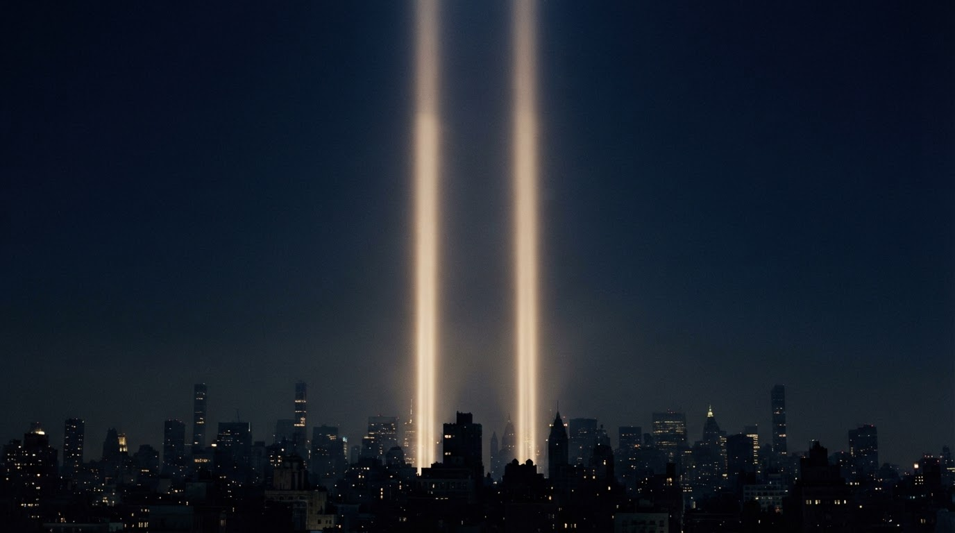 Two soft beams of memorial light rising into a quiet night sky