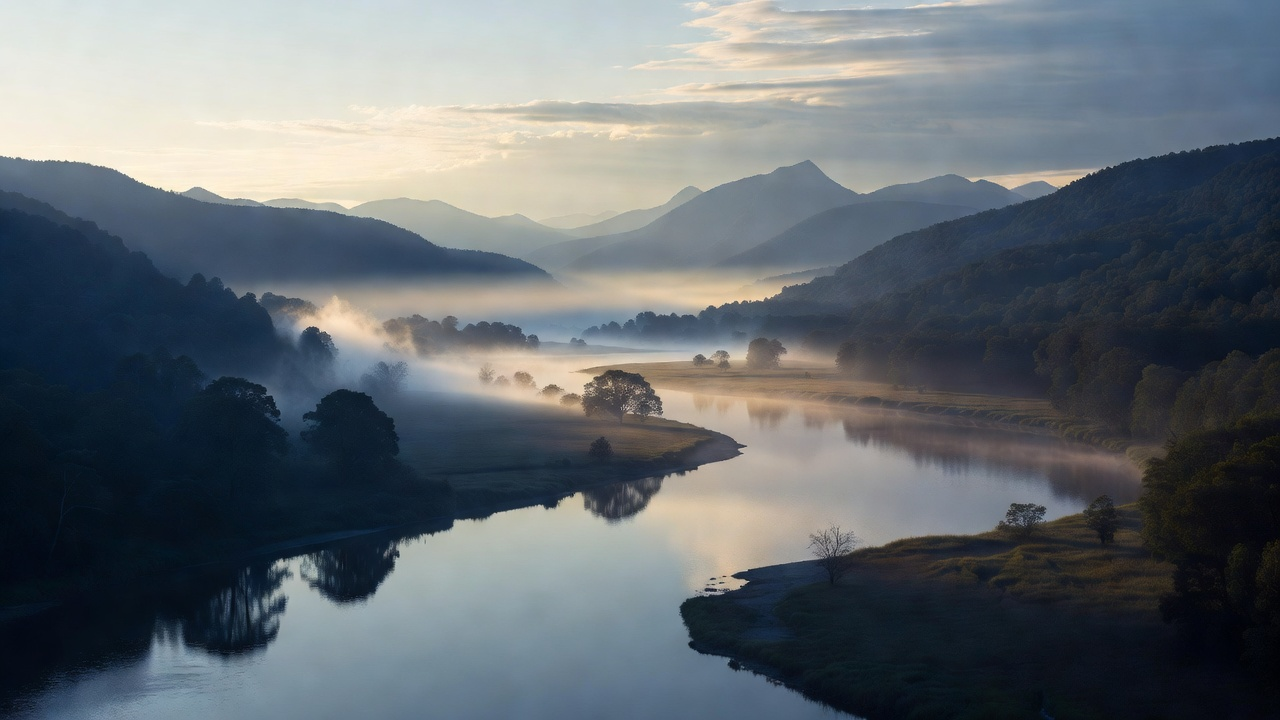 Dawn light over a misty American river valley