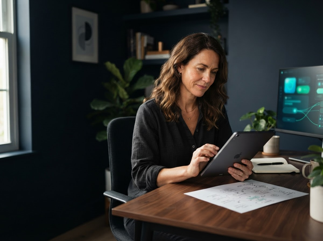 Business owner reviewing a customer journey and growth plan in a modern workspace