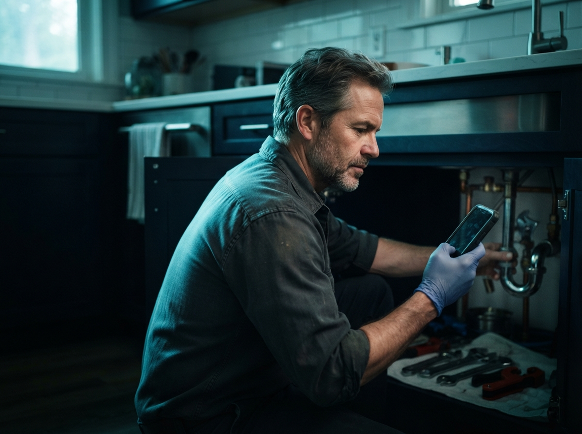 Plumber owner checking a phone while working under a kitchen sink