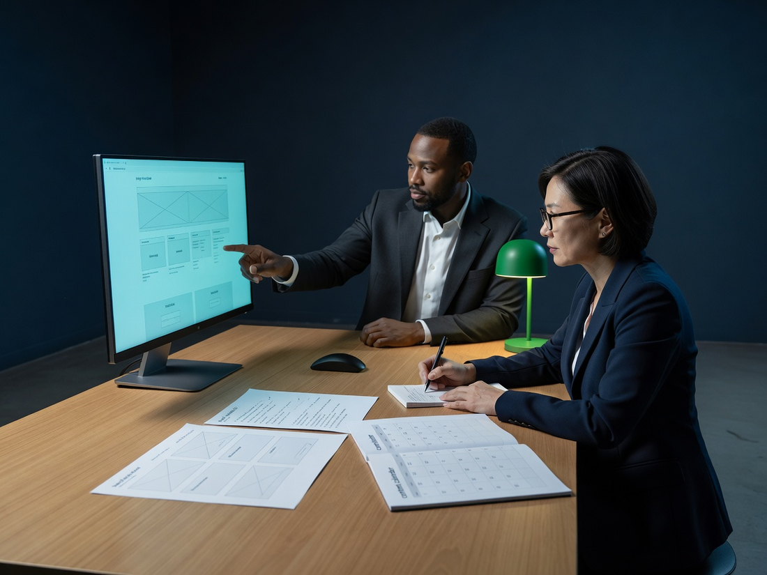 Two professionals reviewing website structure, search visibility notes, and a content plan together