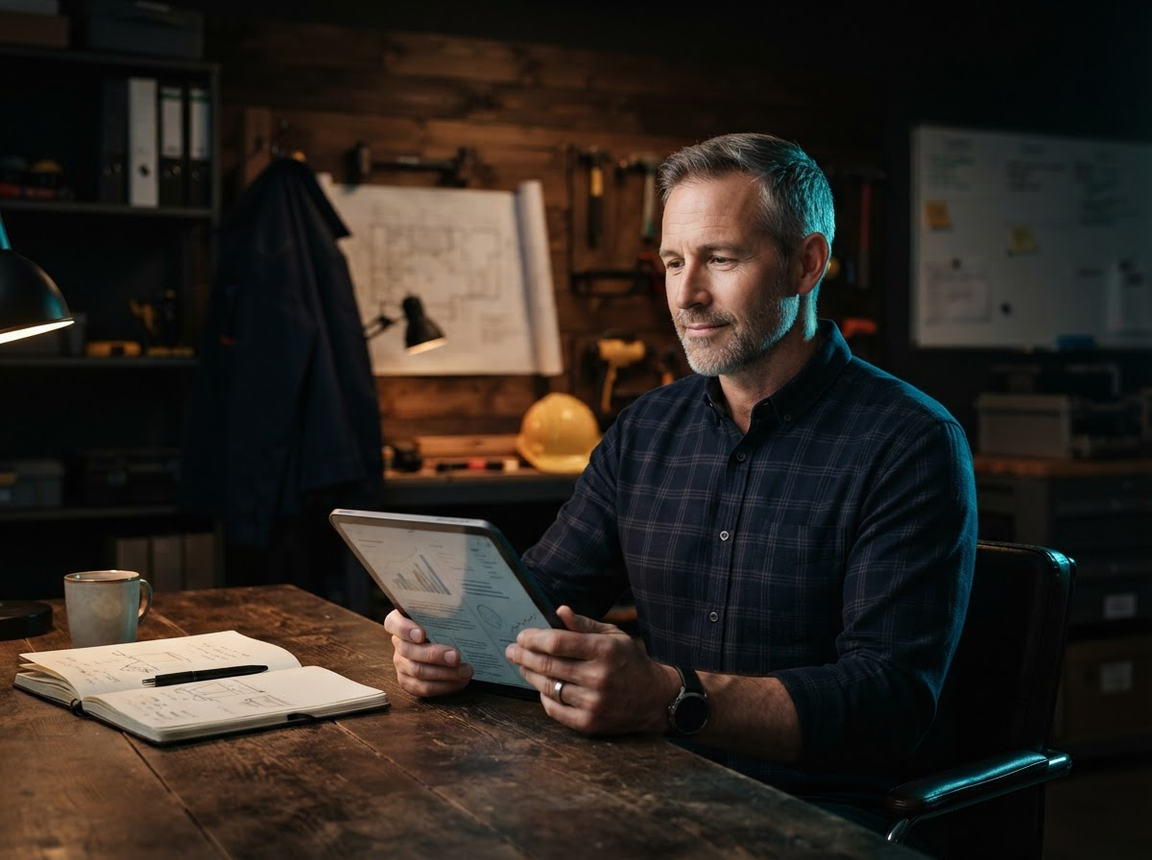 Roofing business owner reviewing a recovery plan on a tablet in a shop office