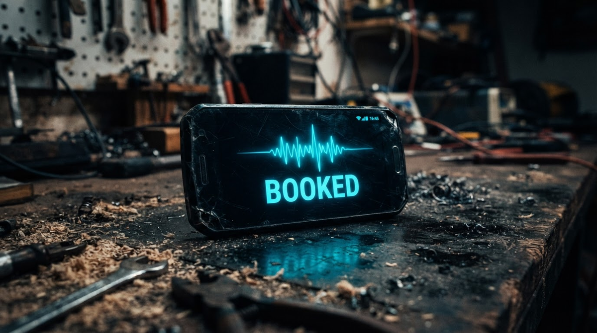Phone on workbench showing booked