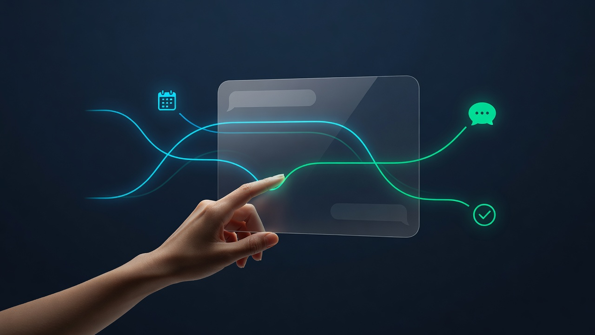 Human-centered AI workflow connecting voice, chat, review, and follow-up paths