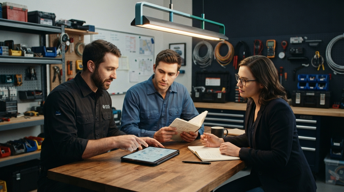 Small home-service team reviewing a call-handling workflow in a workshop