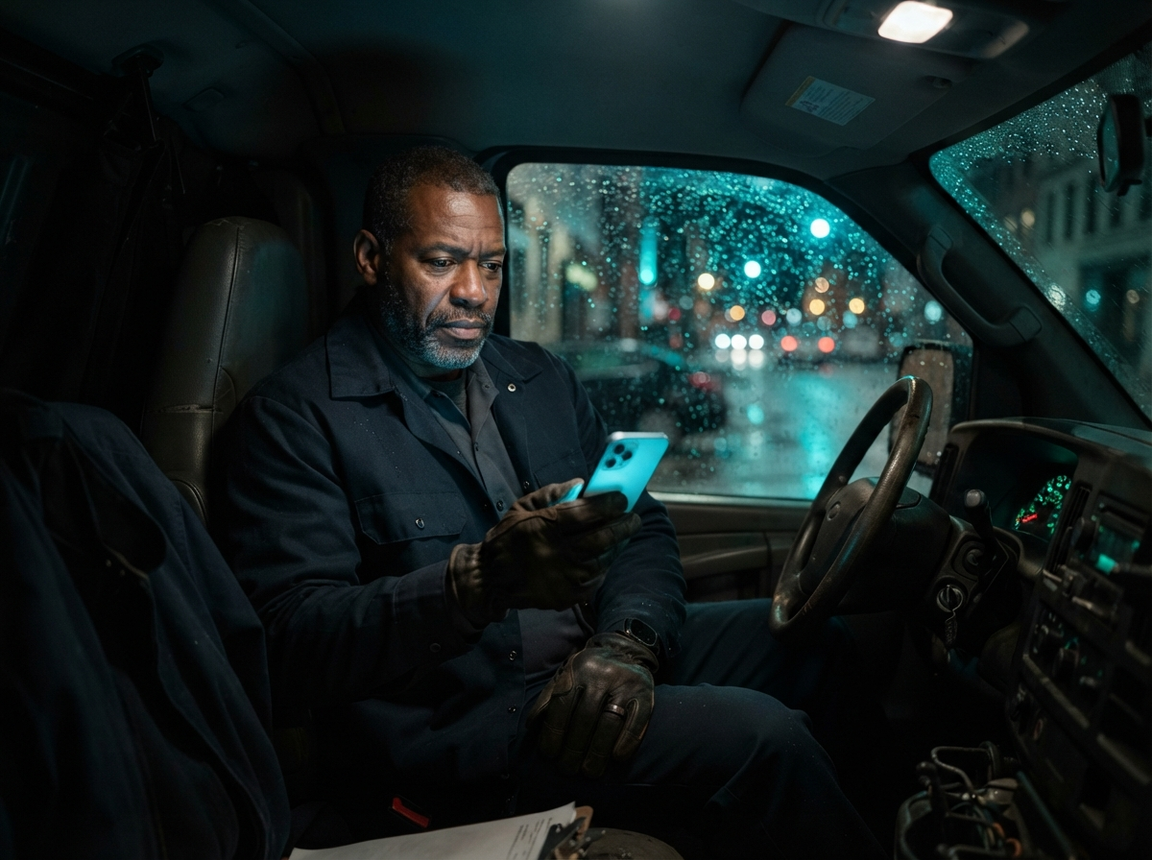 HVAC owner checking a phone inside a parked work van after dark