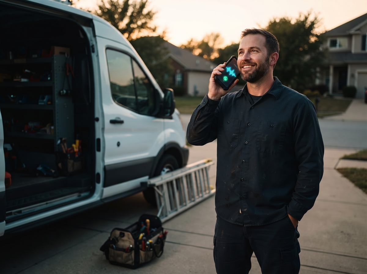 Home service owner beside his work van while a call is handled on his phone