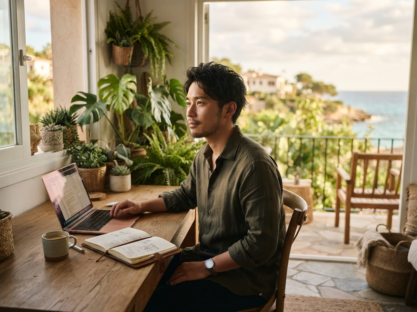 Founder working remotely in a sunny coastal home with a laptop and notebook