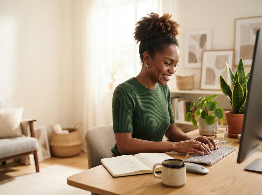 Solo founder working on her online business in a bright home workspace