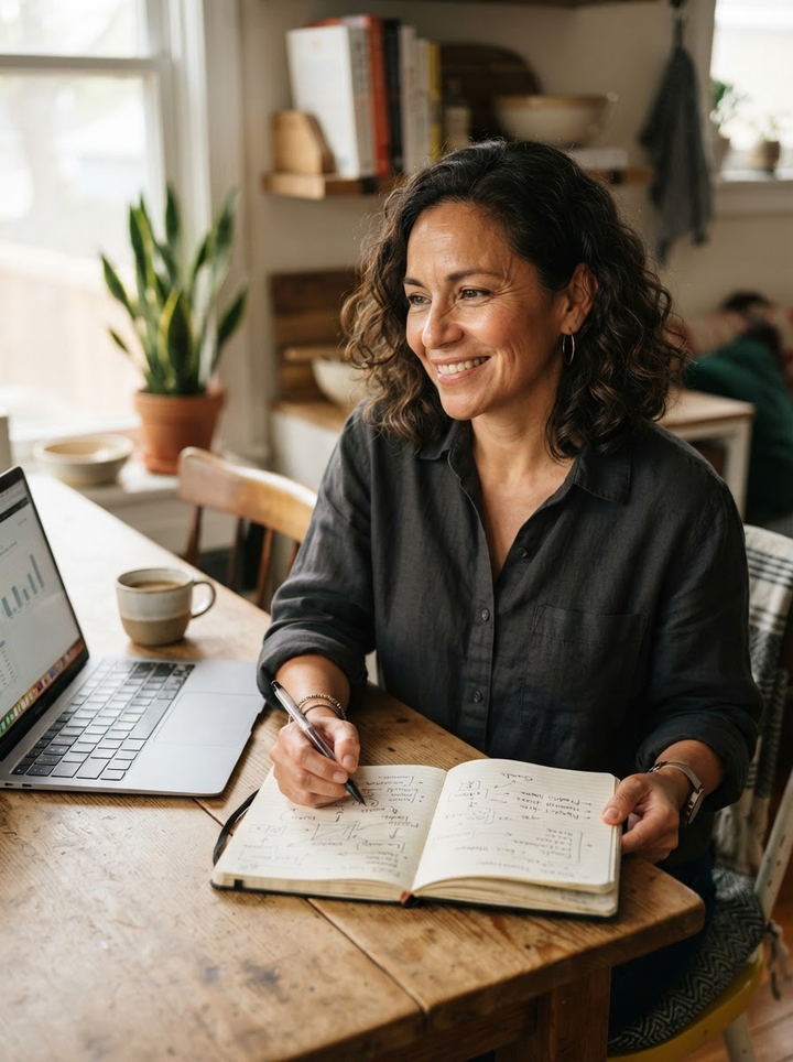 Founder planning her small online business at a kitchen table
