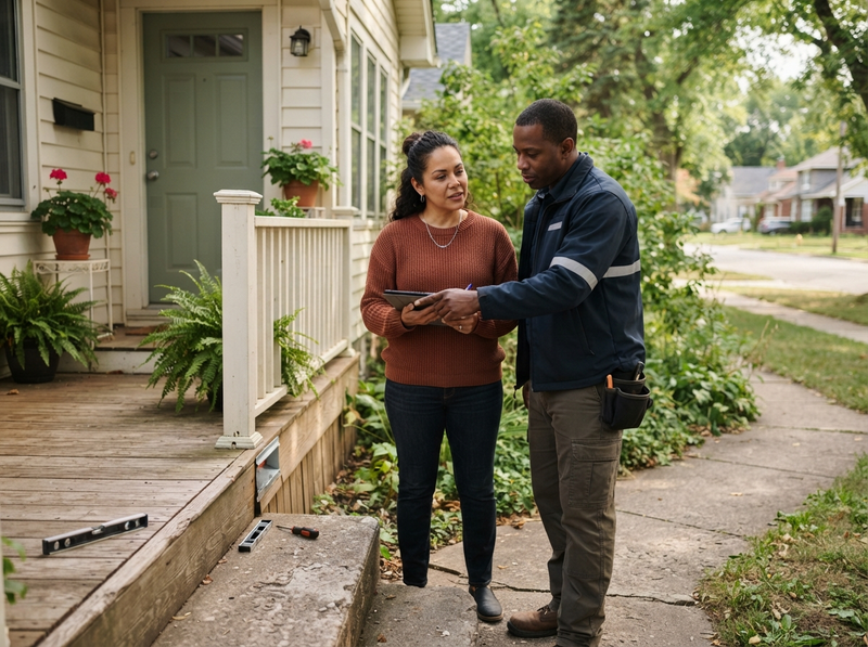 Homeowner and home-service contractor discussing a repair at a residential front porch.