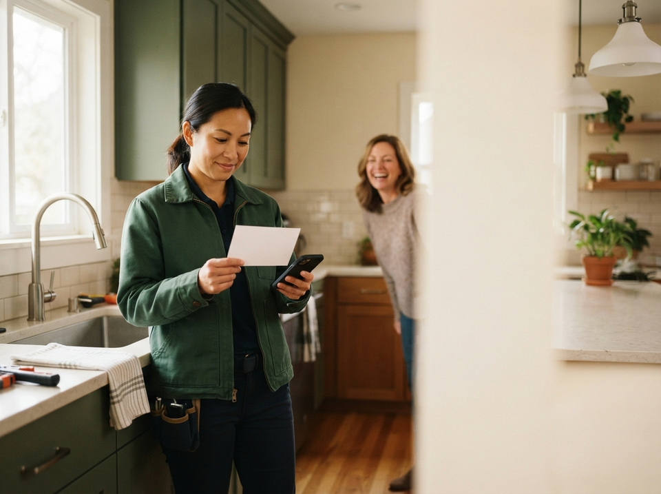 Asian-American woman plumbing contractor holds a phone and blank feedback card in a finished kitchen while a smiling homeowner stands behind her.