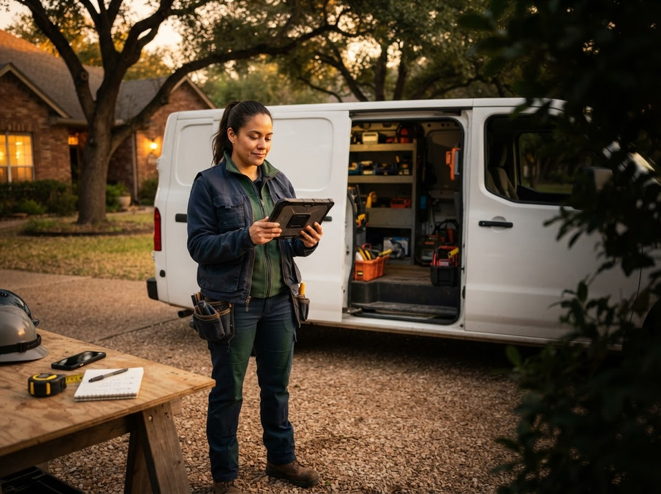 Latina home-service contractor reviews a customer inquiry on a rugged tablet beside her service van.