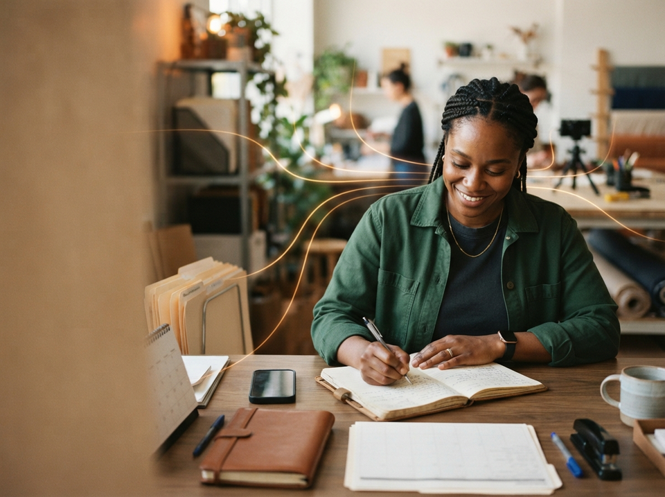 Propietario afroamericano de un pequeño negocio escribe en un cuaderno en la oficina mientras líneas cálidas conectan el espacio con varias áreas de trabajo.