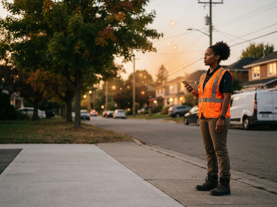 Black woman electrical contractor studies a phone on a residential street as warm lights mark a neighborhood of possible service opportunities.