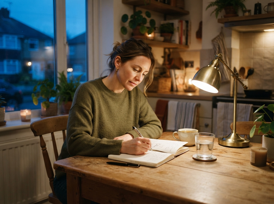 A calm evening wellness routine with a journal and warm light