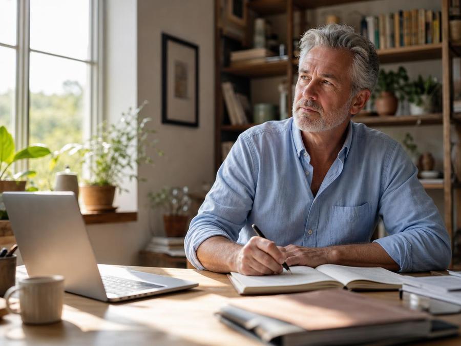 Gray-haired man writing in a notebook at a bright home desk beside an open laptop