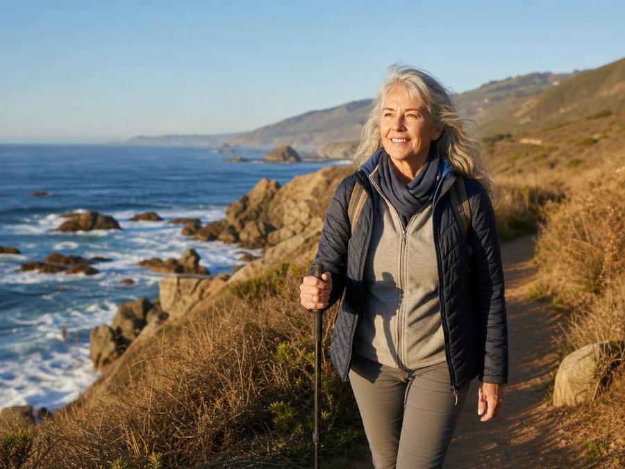 Gray-haired woman walking with a pole along a sunlit coastal trail