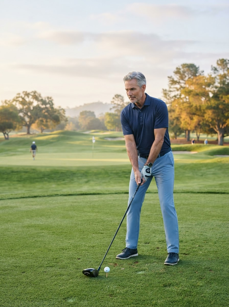 A mature gray-haired man preparing for a golf shot on a sunlit course