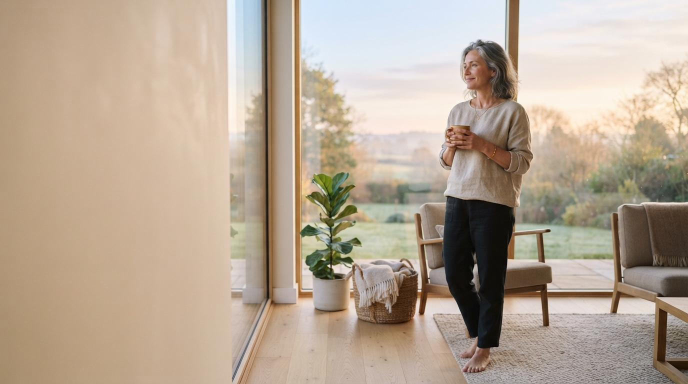 Adult standing in gentle morning light beside a large window