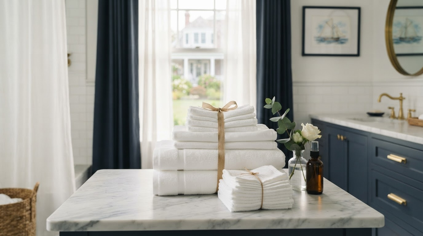 Freshly folded premium linens in soft morning light