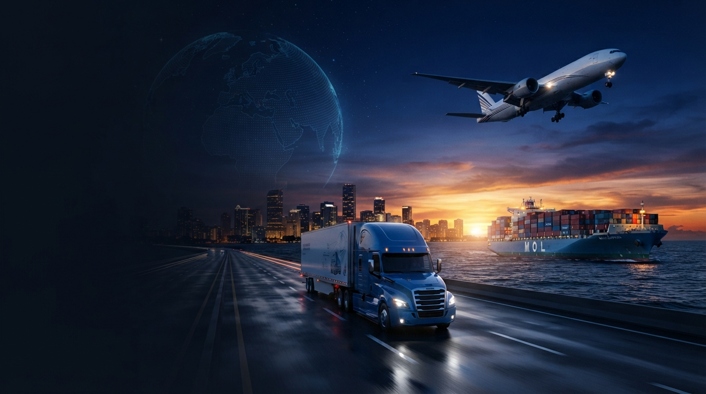 LAS logistics network with truck, aircraft, and cargo ship