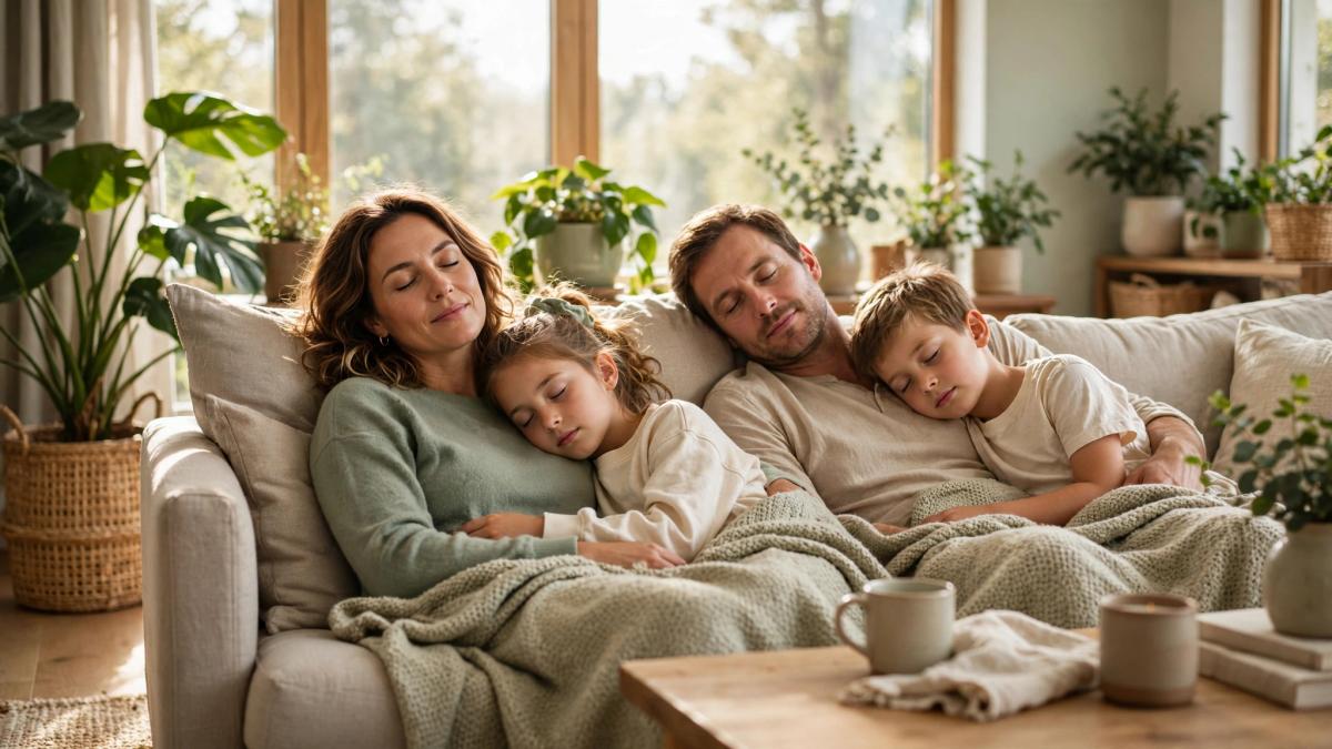 Family relaxing in a calm living environment