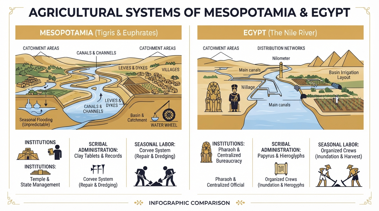 Ancient Water Mastery: Mesopotamia Irrigation, Nile Flood Management, and the Institutions That Built Civilizations
