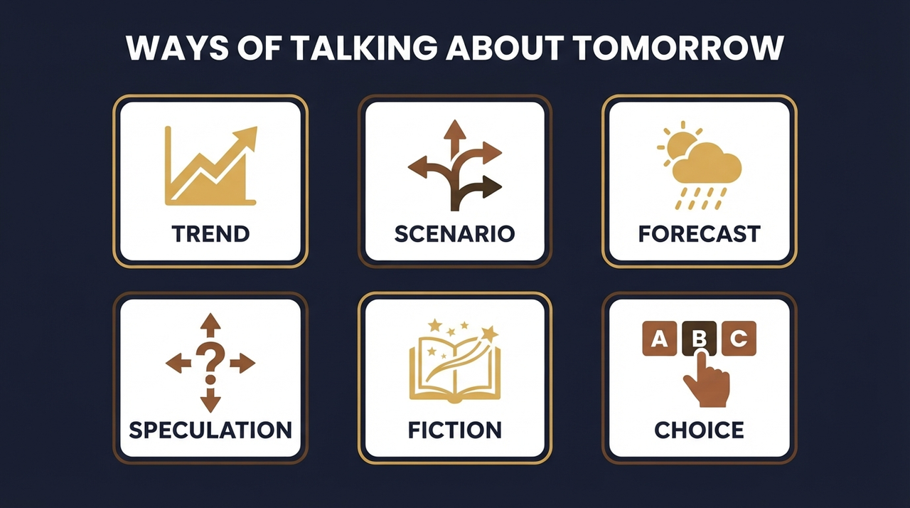 Decoding Future Talk: Trends, Scenarios, Forecasts, Speculation, Fiction, or Community Choice?