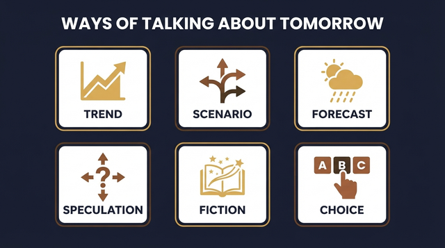 Decoding Future Talk: Trends, Scenarios, Forecasts, Speculation, Fiction, or Community Choice?