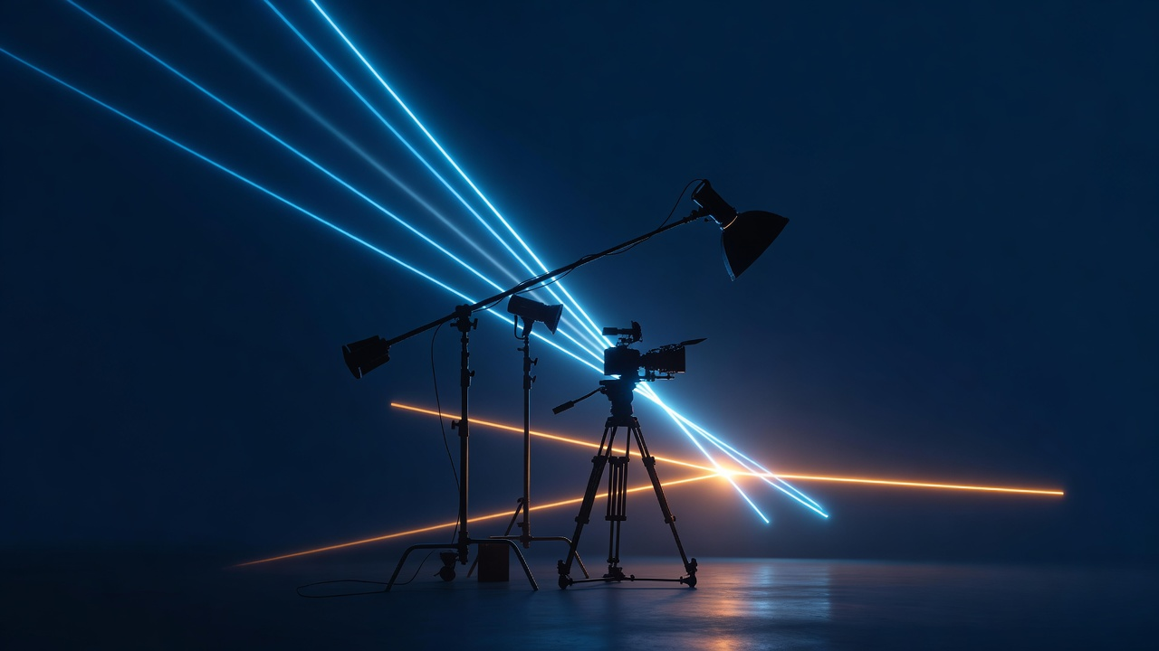 Camera and studio lights cutting through a dark blue production set
