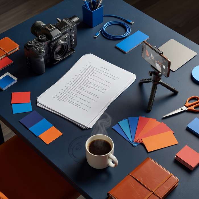 Creative workspace with camera gear and planning materials