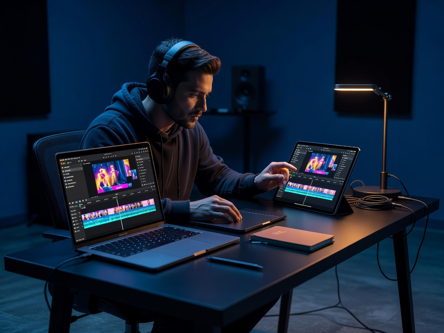 Creator editing social video content on dual screens