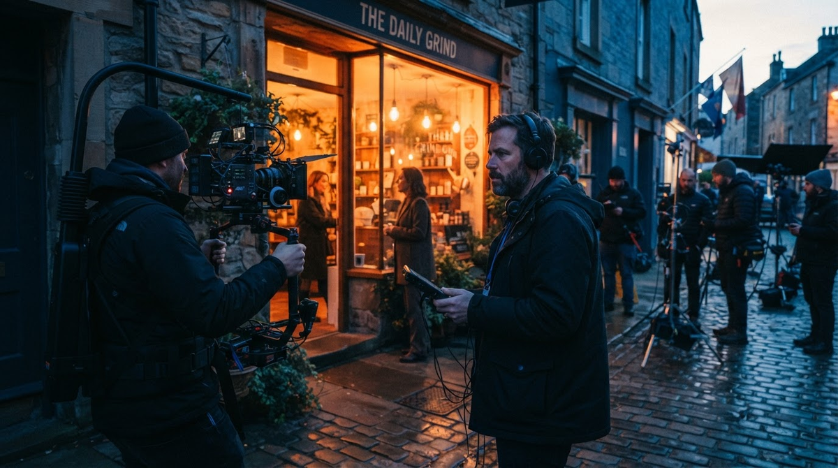 Film crew shooting a commercial scene outside a storefront