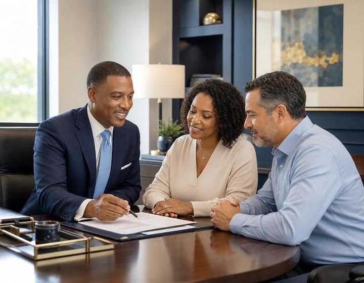 Vurne L. Bobbs Jr. meeting with a multiracial couple in an executive office