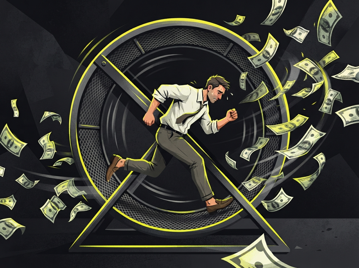 Exhausted entrepreneur running inside a giant hamster wheel while money flies away