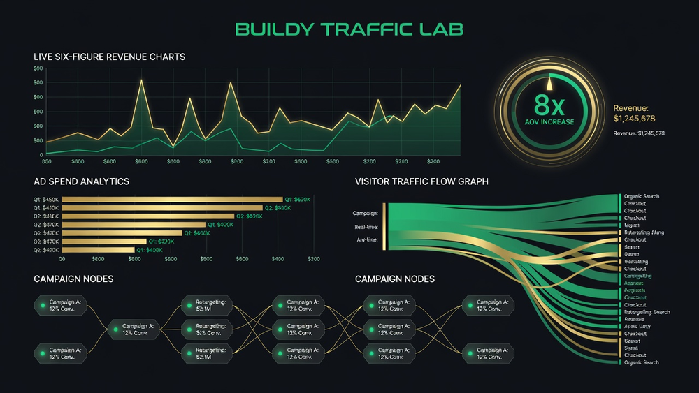 Buildy Traffic Lab Dashboard with live 6-figure revenue and 8X AOV analytics