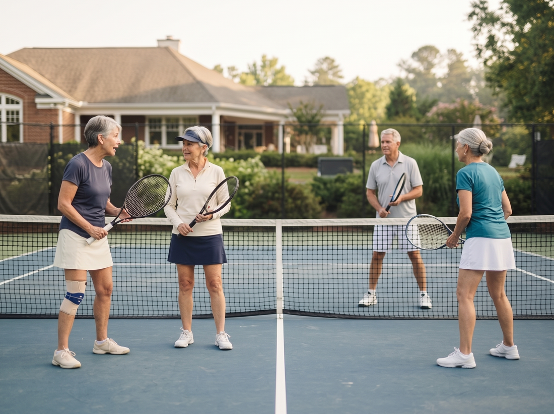 Four adult recreational doubles players, one man and one woman on each side, all holding tennis racquets