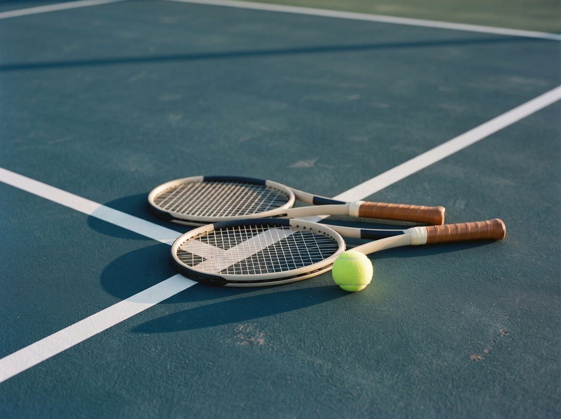 Two unbranded tennis racquets and a clean yellow ball resting on court lines