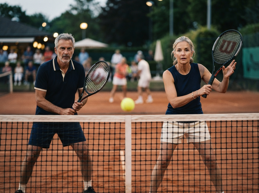 A focused mixed doubles pair ready at the net during a close recreational match