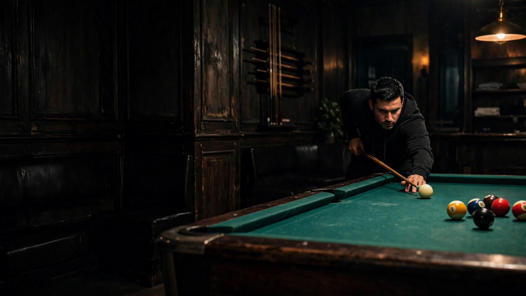 A pool player lining up a shot at an emerald-felt table beneath warm poolroom lights.