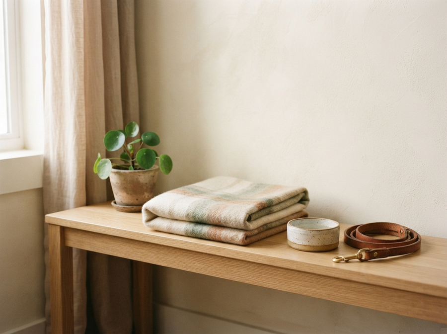 A quiet sunlit corner with a folded pet blanket, water bowl, and leash
