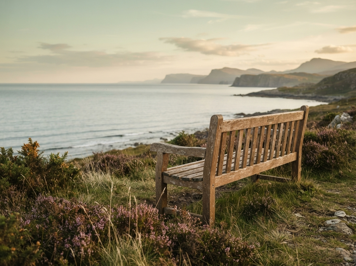 A weathered wooden bench faces a calm sea and distant cliffs, with heather in the foreground.