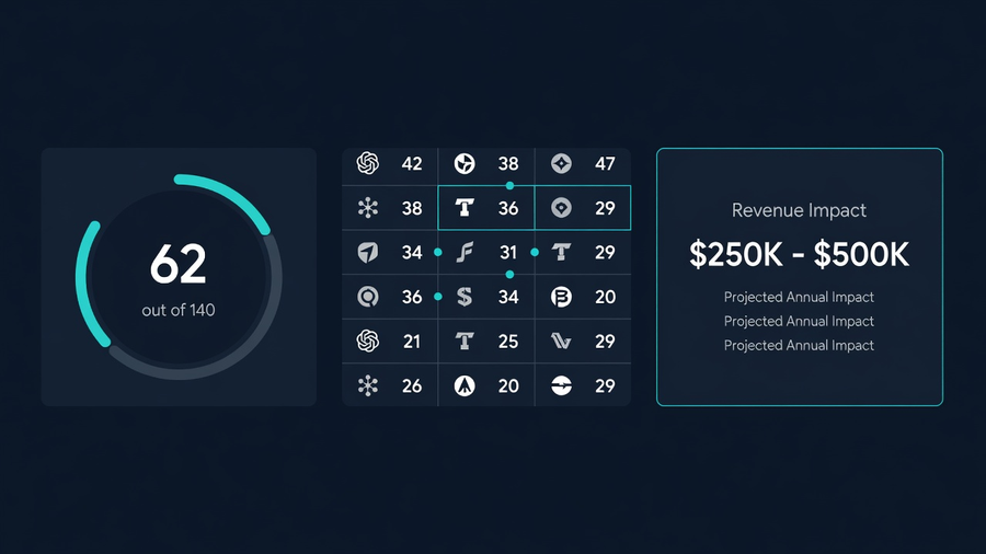 VisibleHQ dashboard showing score, AI model mentions, and revenue impact