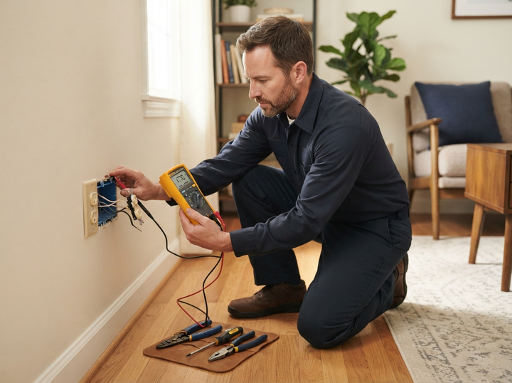Electrician safely diagnosing a residential electrical repair with a multimeter