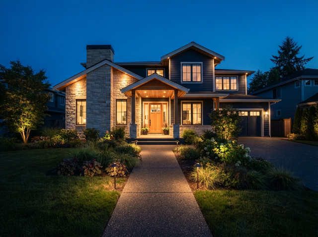 Warm path and facade lights illuminating a residential home at dusk
